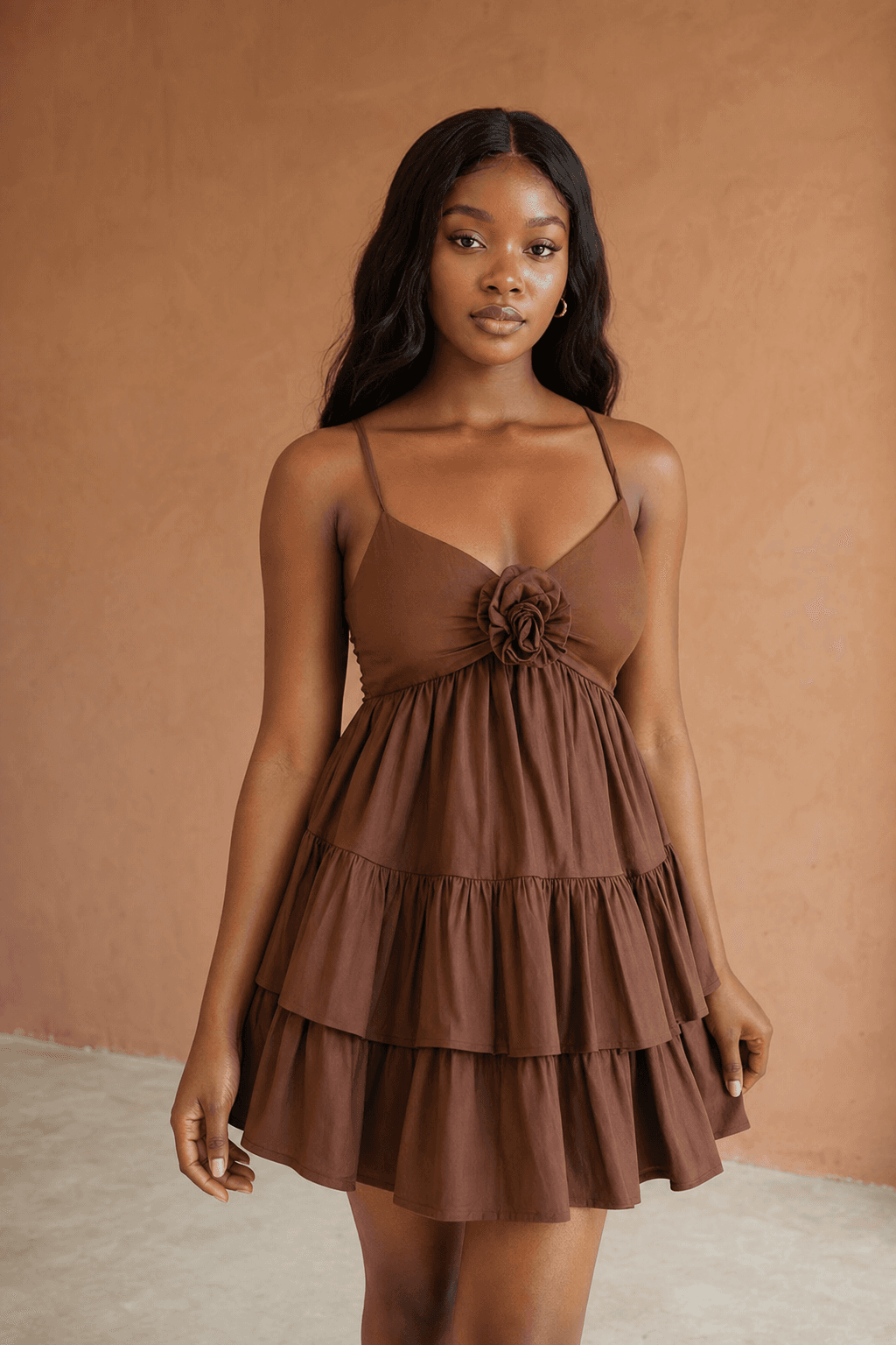 Front view of the brown tiered Gyidi dress with floral detail