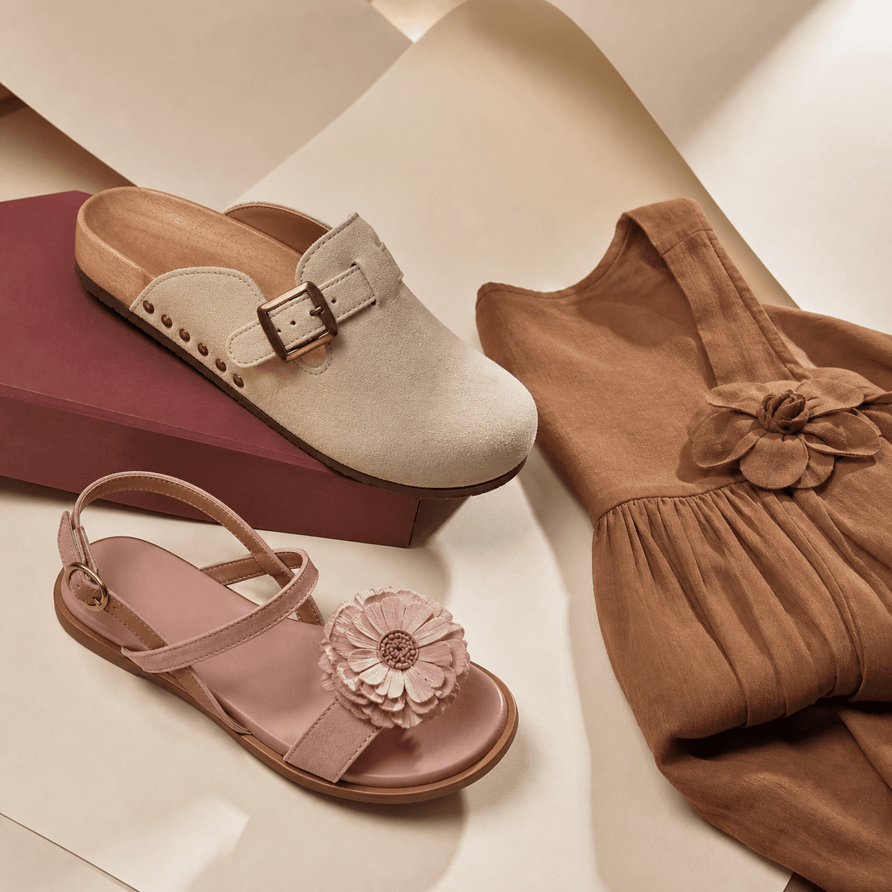 Curated shopElaine still life with a cream clog, pink sandal and brown dress