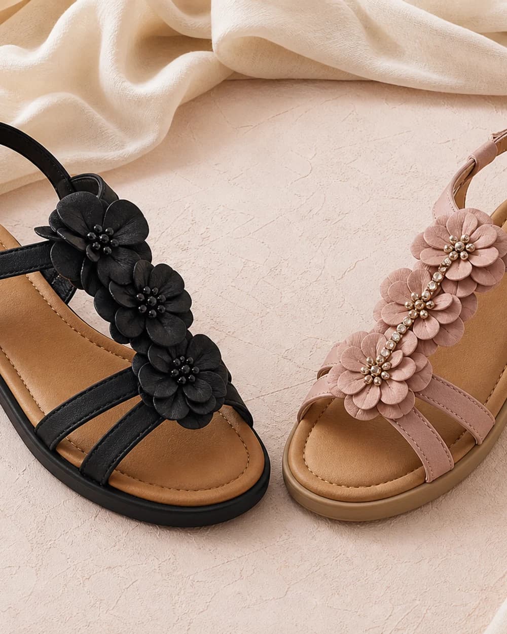 Black and pink Flora flower-detail sandals