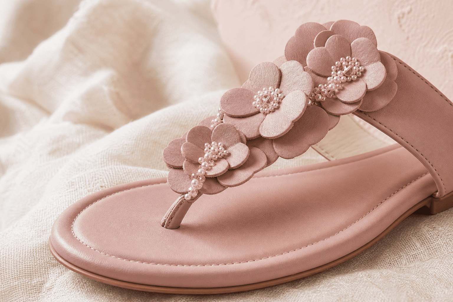 Close view of the pink Flora sandal showing its flower decoration and padded finish