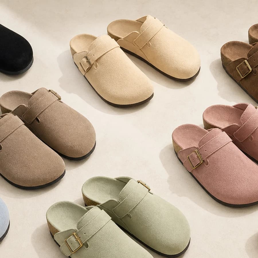 Collection of neutral suede buckle clogs