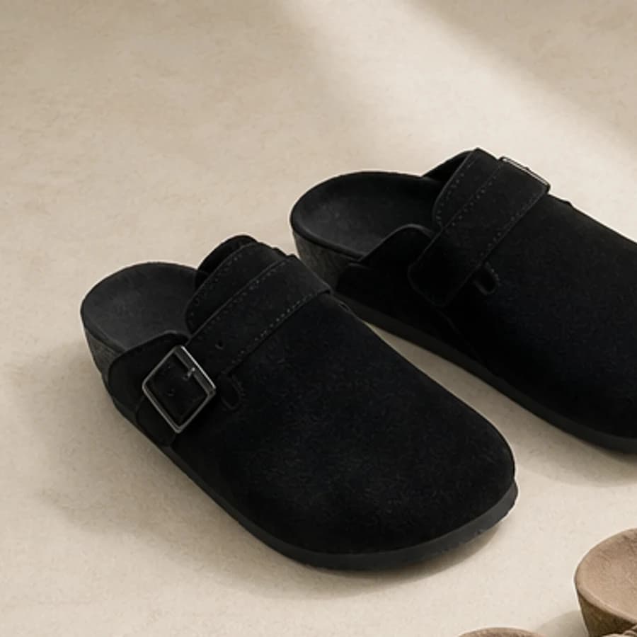 Black suede buckle clogs