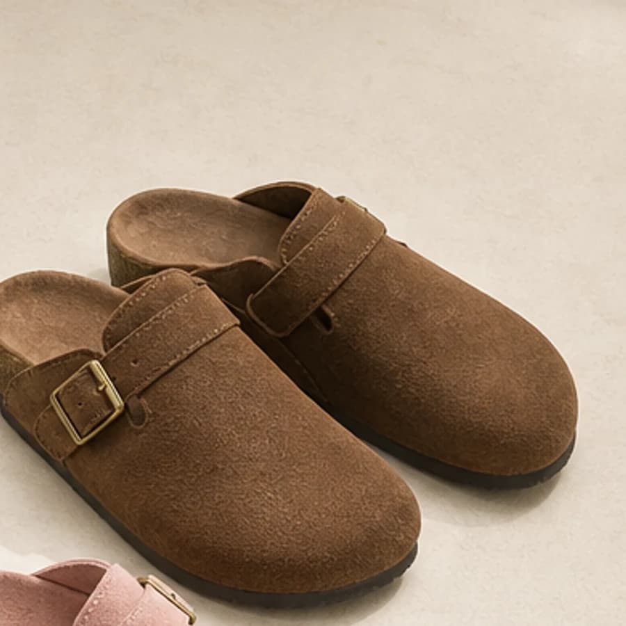 Brown suede buckle clogs