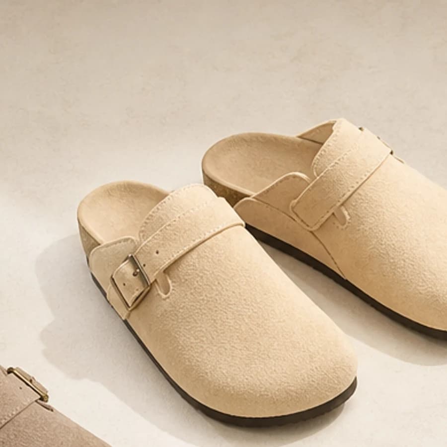 Cream suede buckle clogs