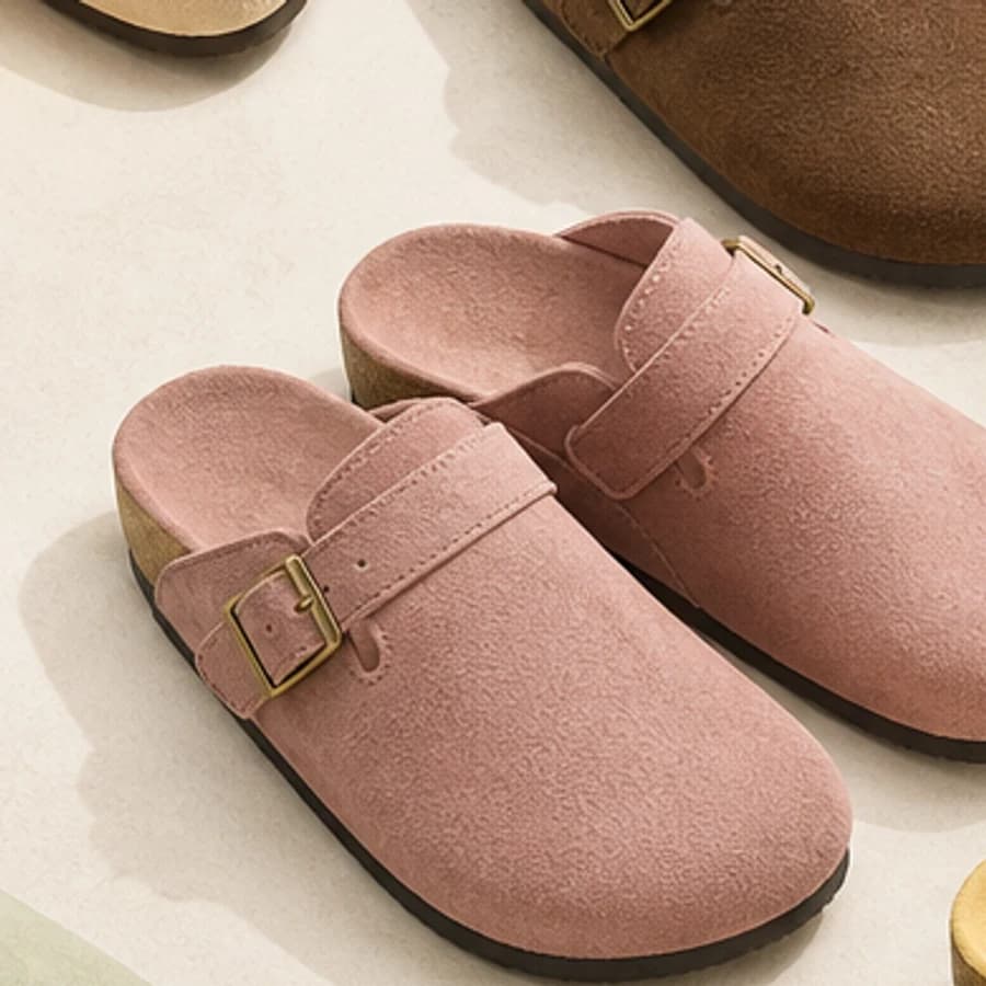 Dusty pink suede buckle clogs