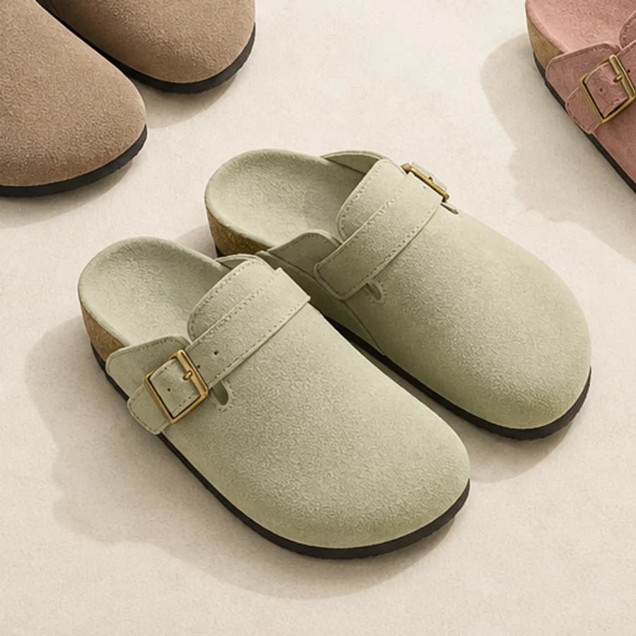 Pale Green suede buckle clogs