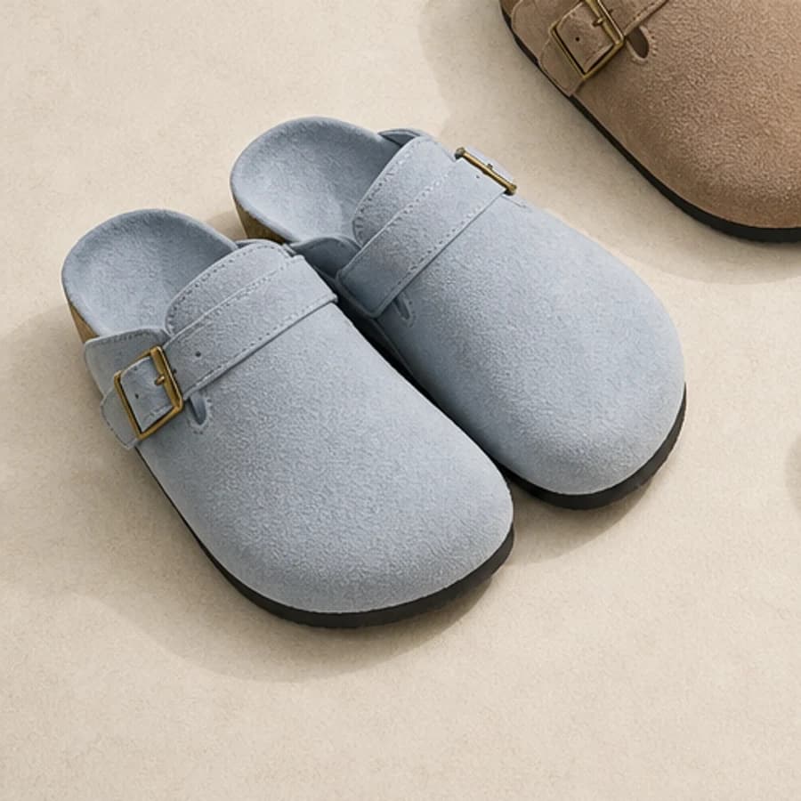 Pastel Blue suede buckle clogs