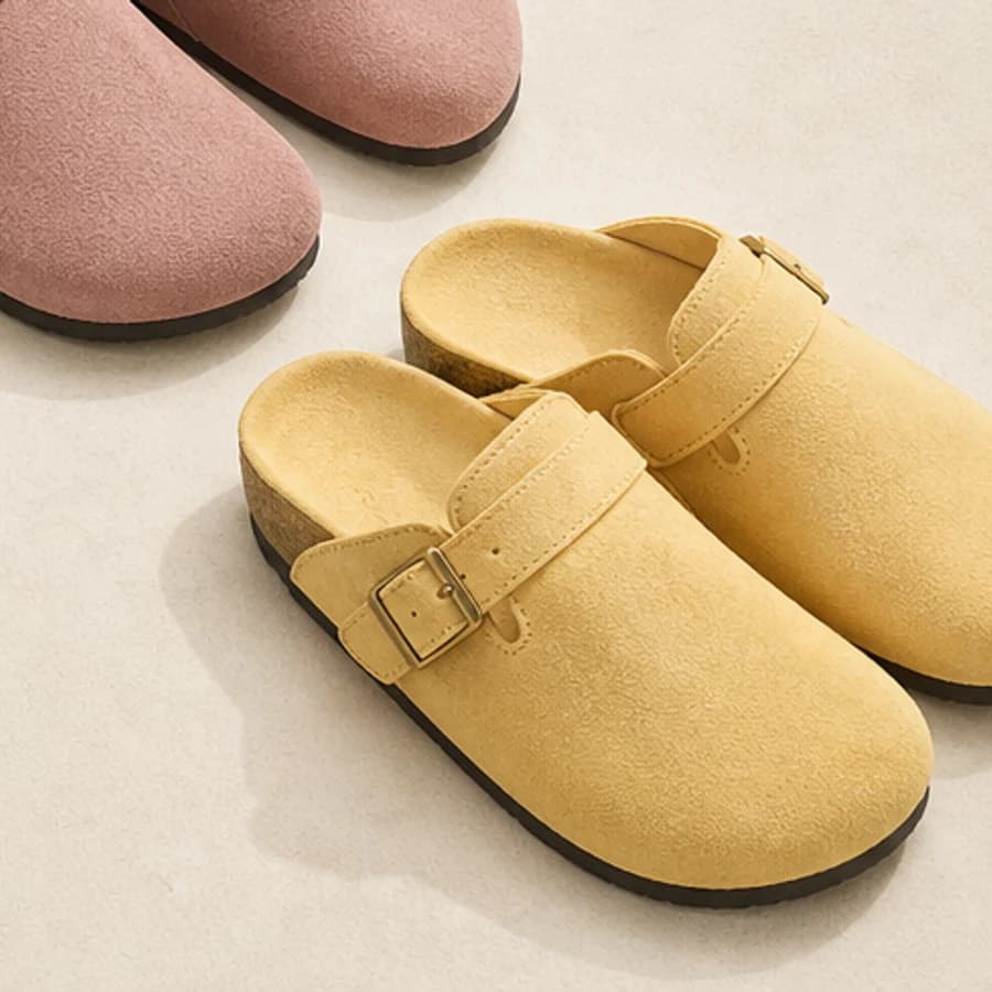 Yellow suede buckle clogs