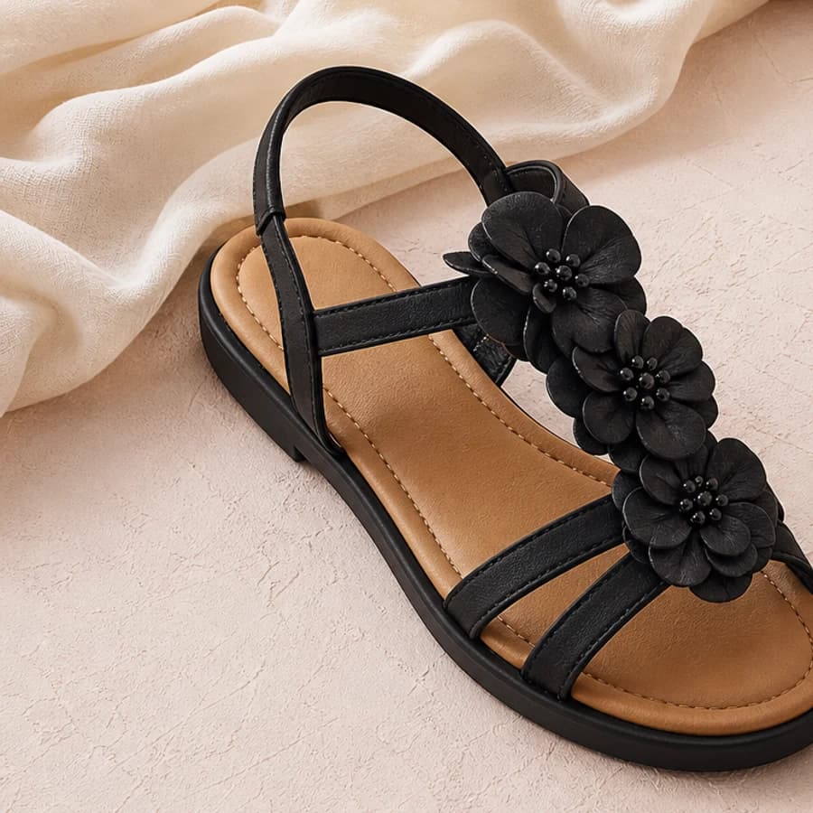Black flat sandals with layered flower decorations