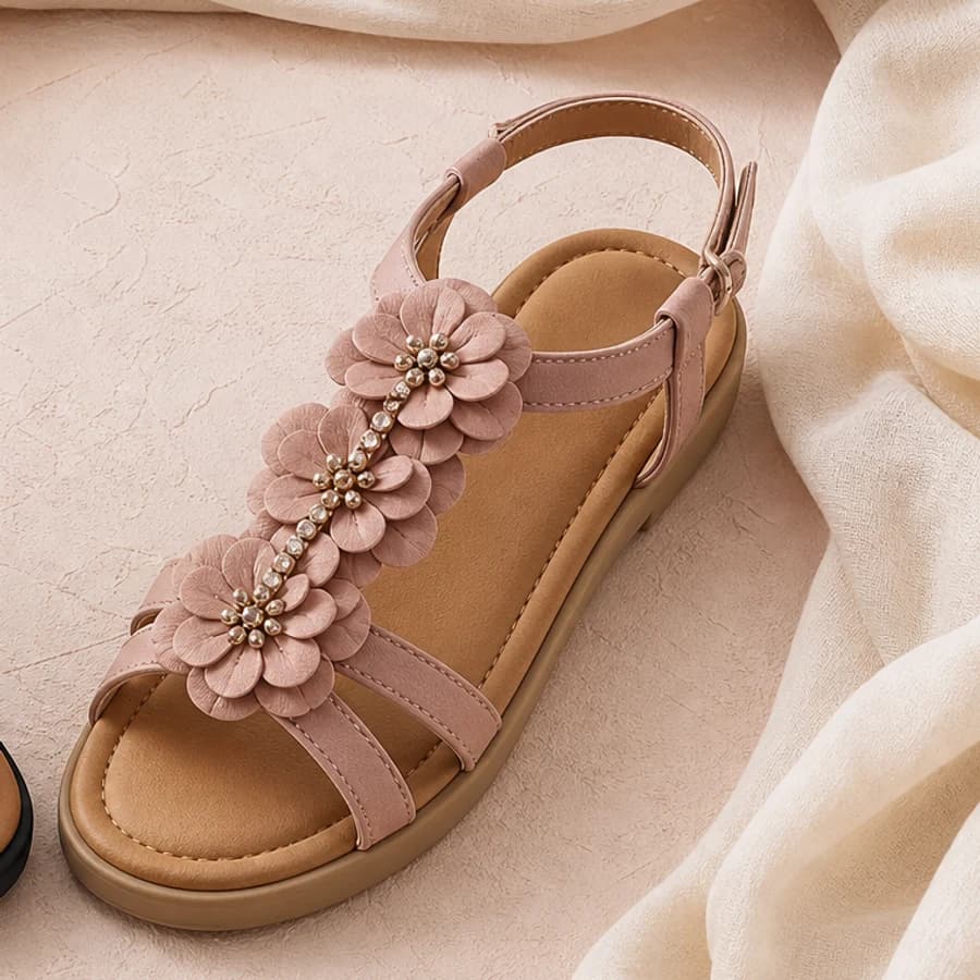 Pink flat sandals with floral detail and decorative centre strand