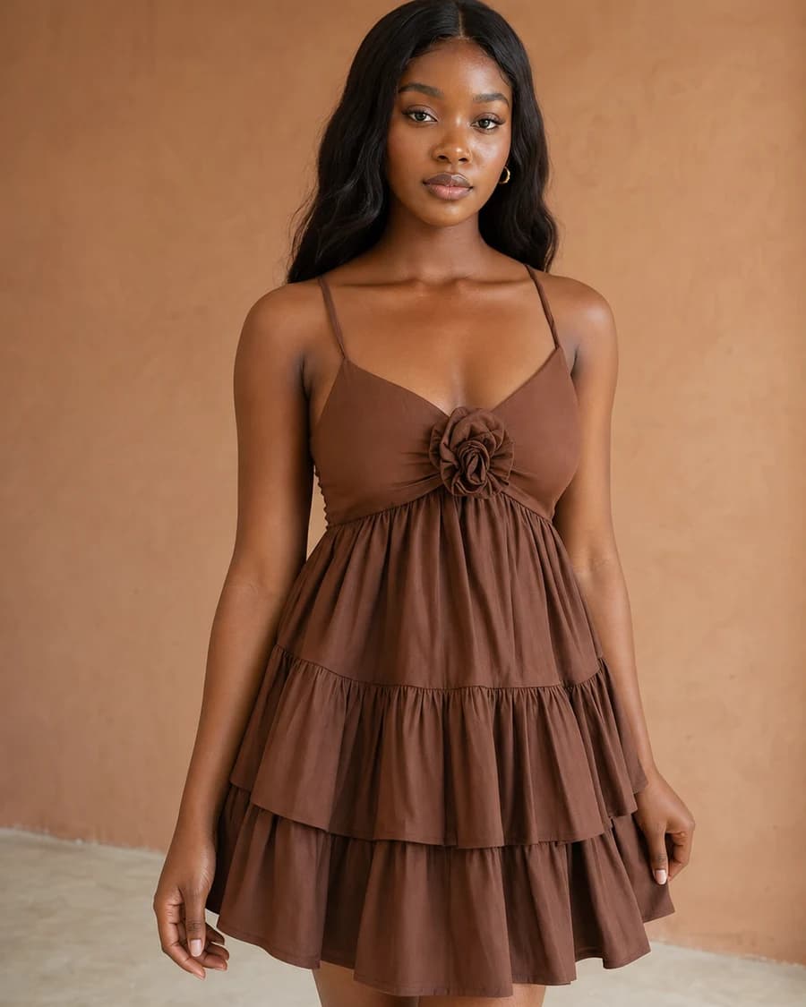 Brown tiered Gyidi dress with thin straps and flower detail