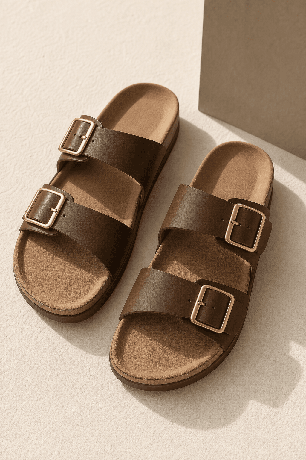 Brown casual sandals with two buckle straps